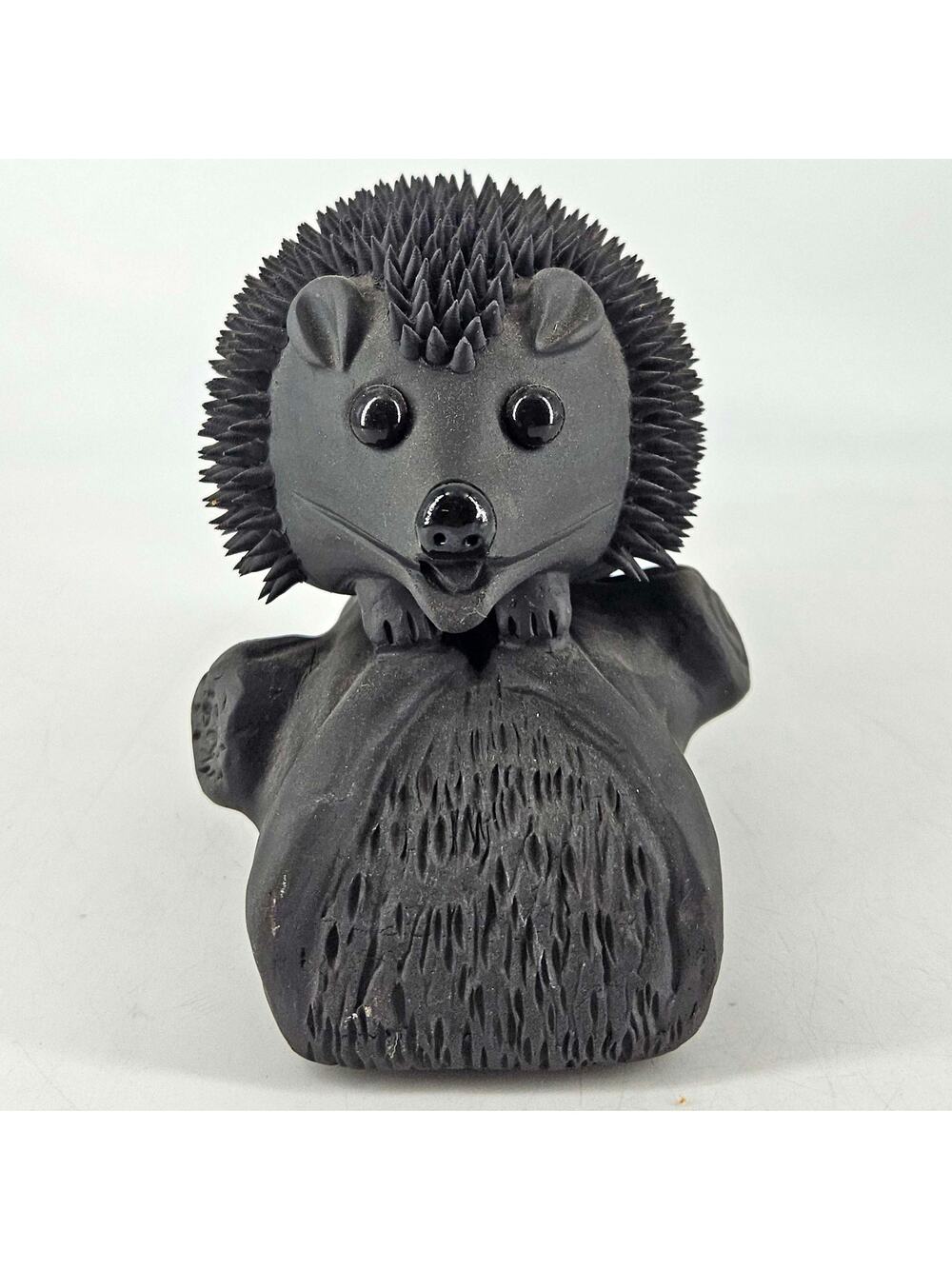 Studio art pottery Black unique hedgehog figurine on log 5"